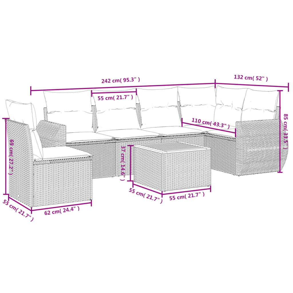 Set Divani da Giardino 7 pz con Cuscini Grigio in Polyrattan
