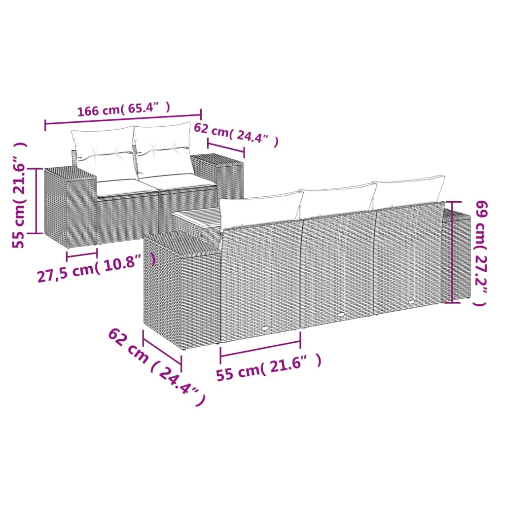 Set Divano da Giardino 6 pz con Cuscini Grigio in Polyrattan