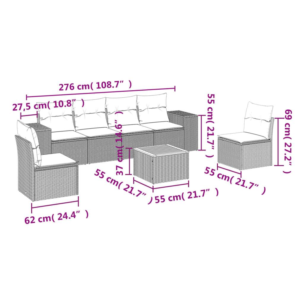 Set Divani da Giardino 7 pz con Cuscini Grigio in Polyrattan