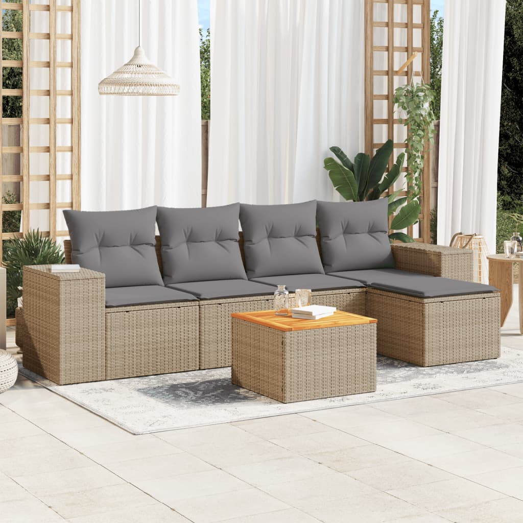 Set Divano da Giardino 6 pz con Cuscini Beige in Polyrattan