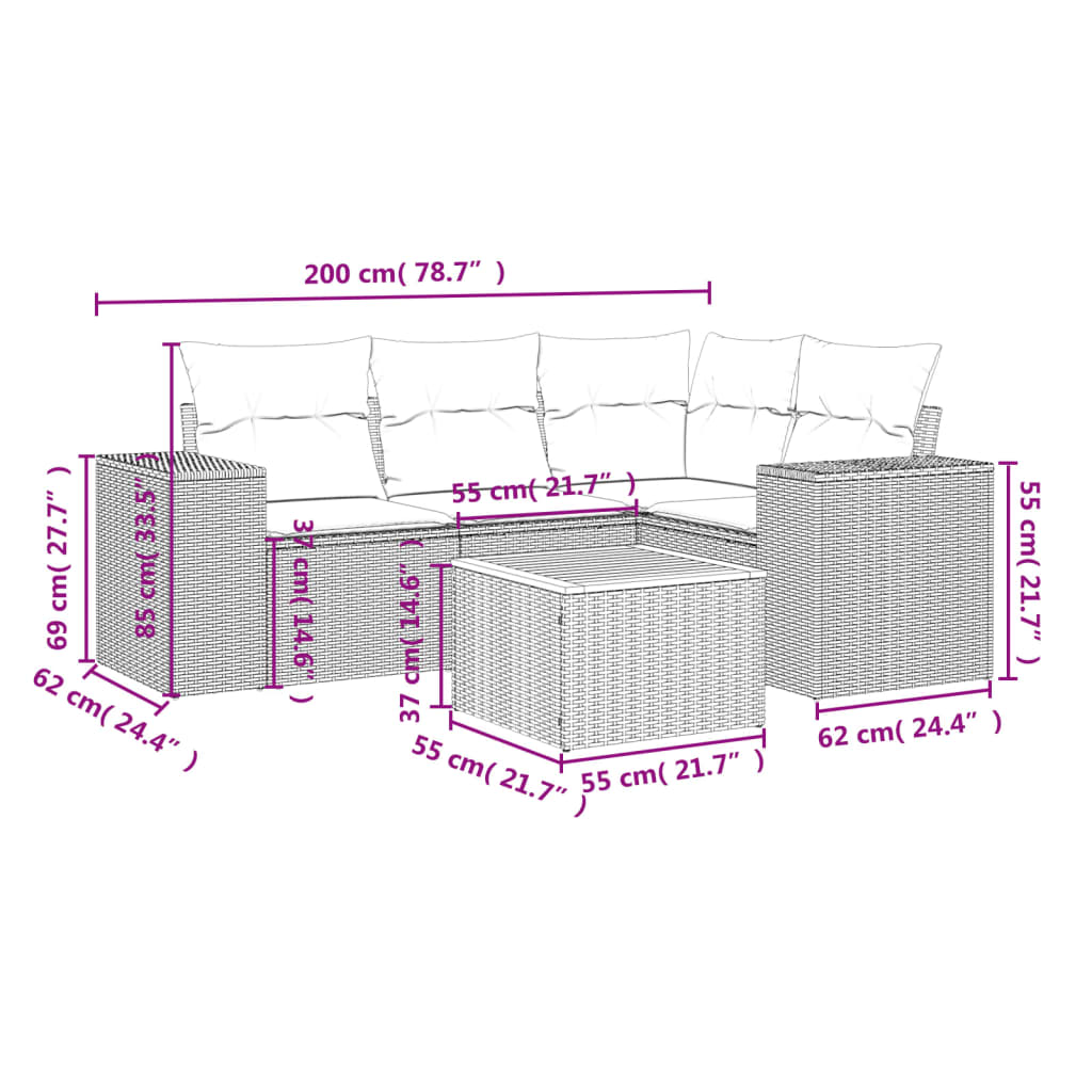 Set Divani da Giardino 5 pz con Cuscini in Polyrattan Nero