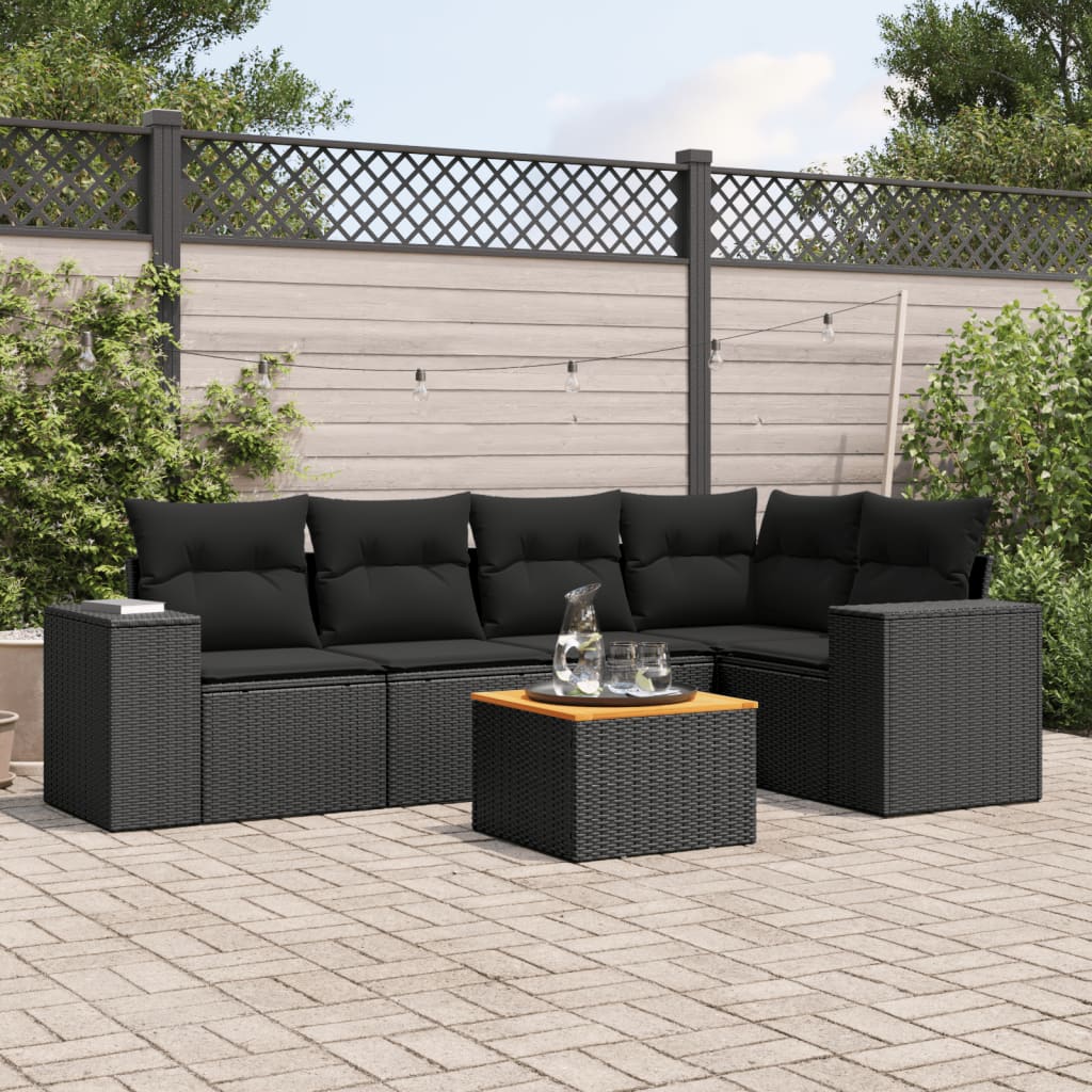 Set Divano da Giardino 6 pz con Cuscini Nero in Polyrattan