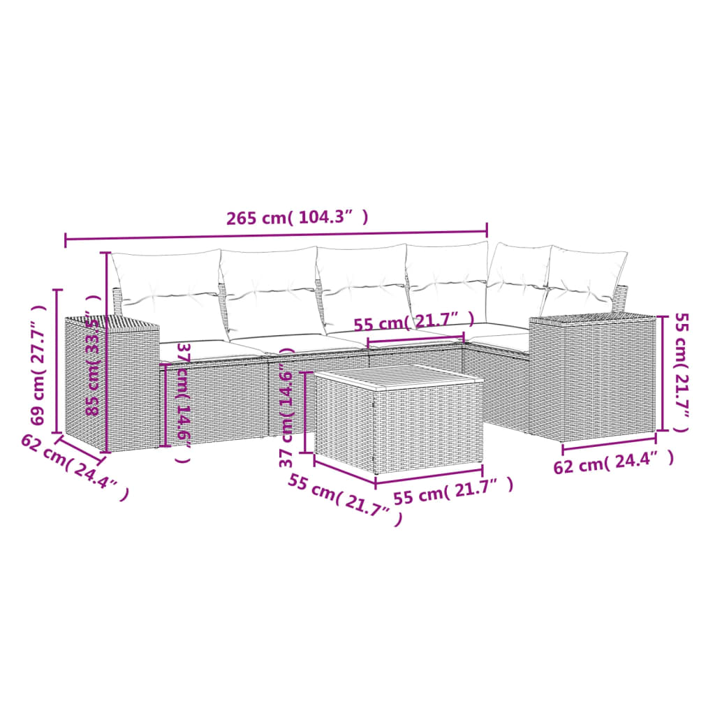 Set Divano da Giardino 6 pz con Cuscini Nero in Polyrattan