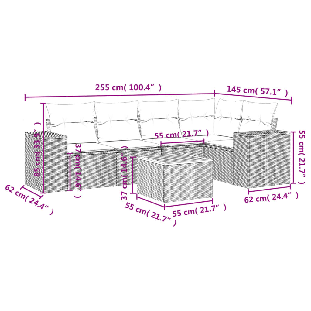 Set Divano da Giardino 6 pz con Cuscini Grigio in Polyrattan