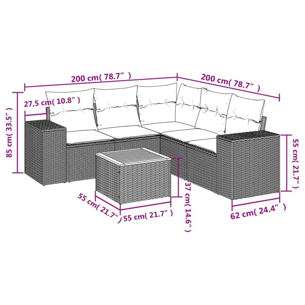 Set Divano da Giardino 6 pz con Cuscini Grigio in Polyrattan