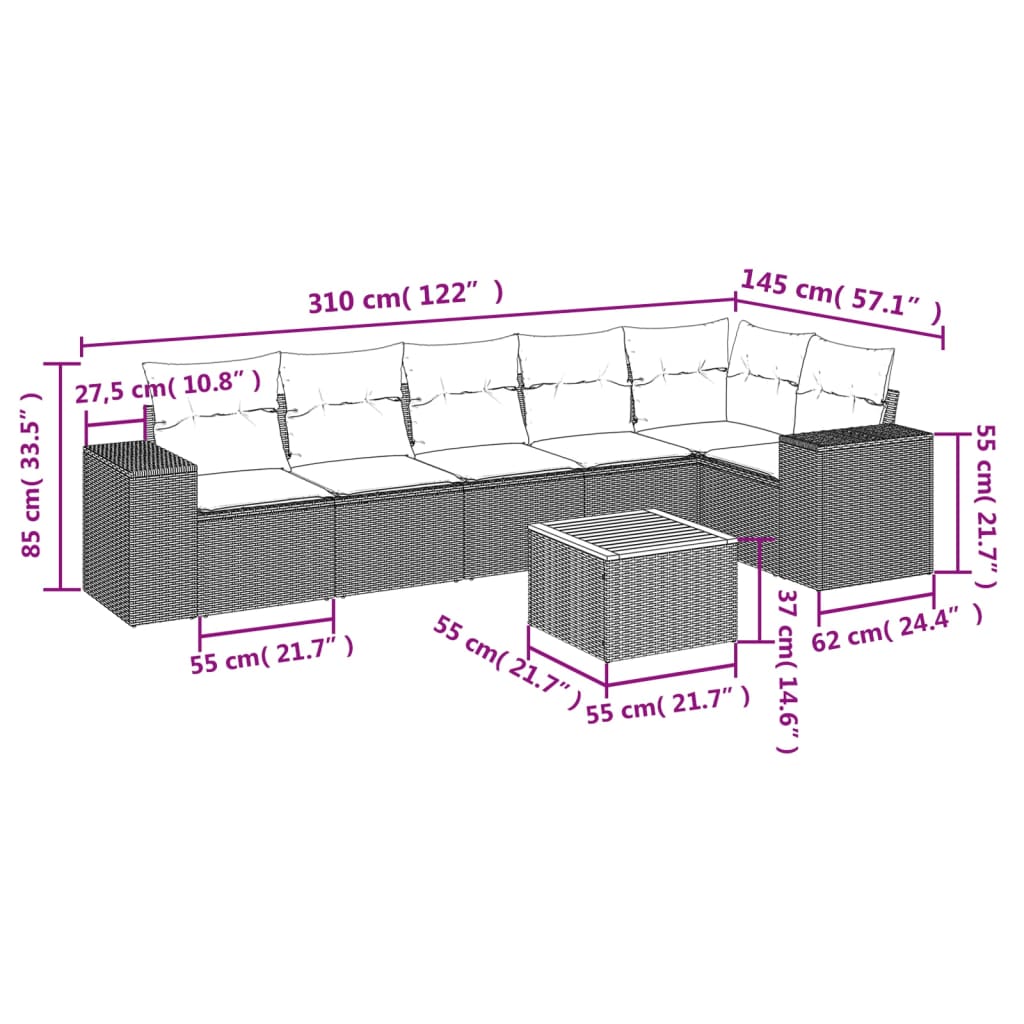 Set Divani da Giardino 7 pz con Cuscini Grigio in Polyrattan