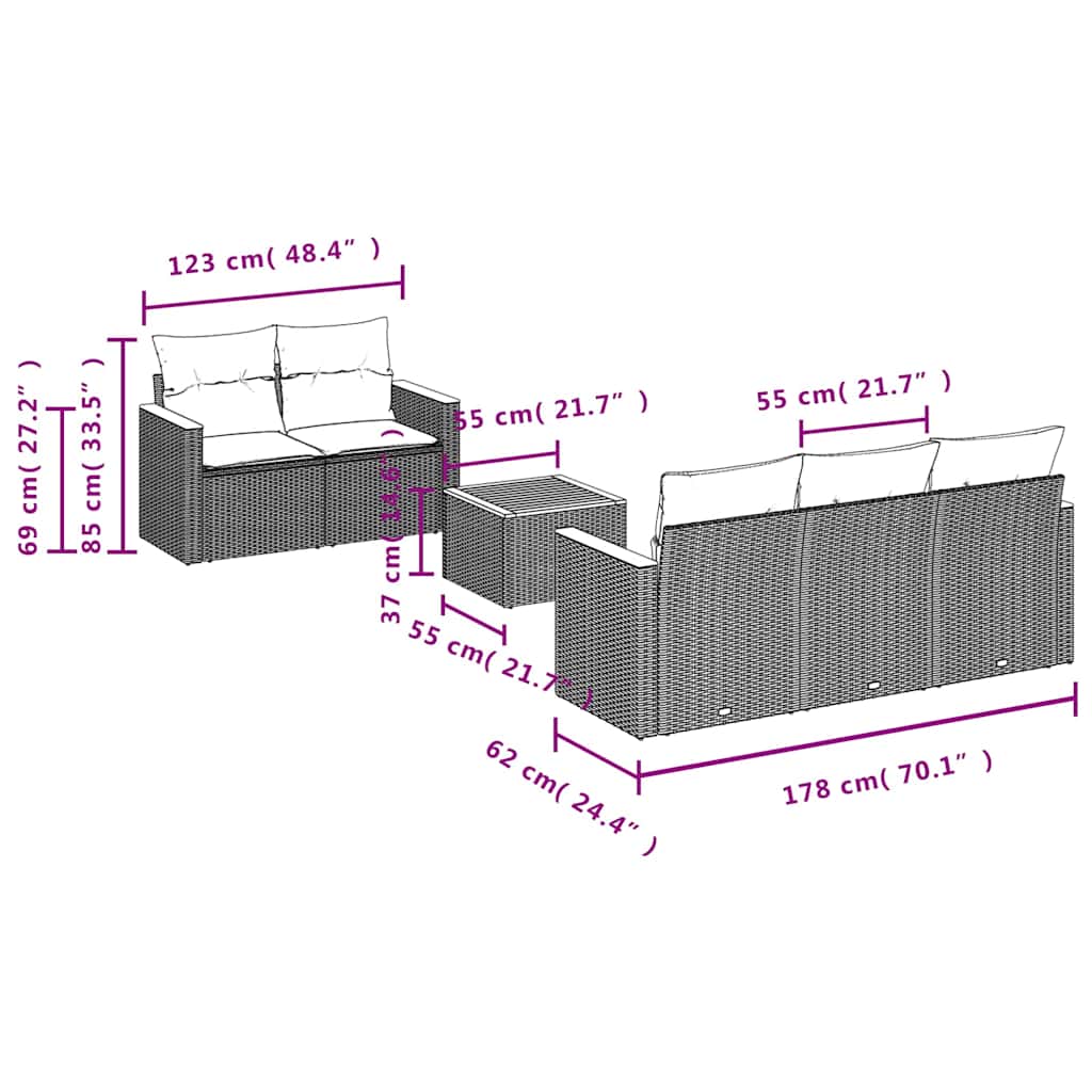 Set Divano da Giardino 6 pz con Cuscini Nero in Polyrattan