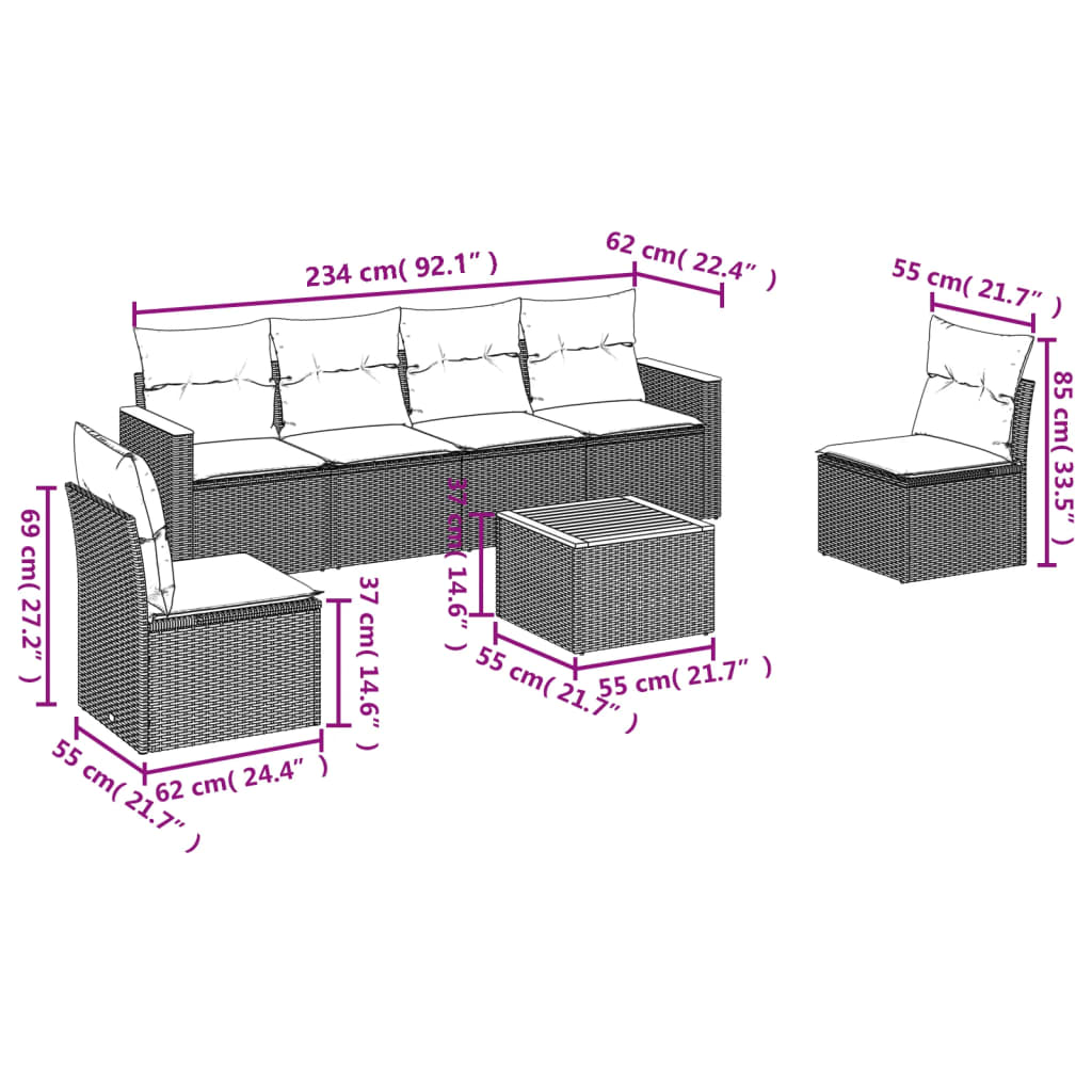 Set divani da giardino 7 pezzi in polyrattan nero