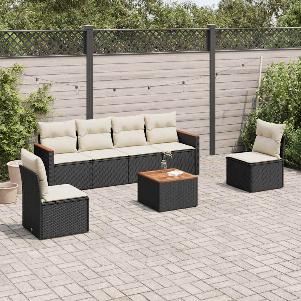 Salotto da esterno 7 pz in rattan PE nero con cuscini