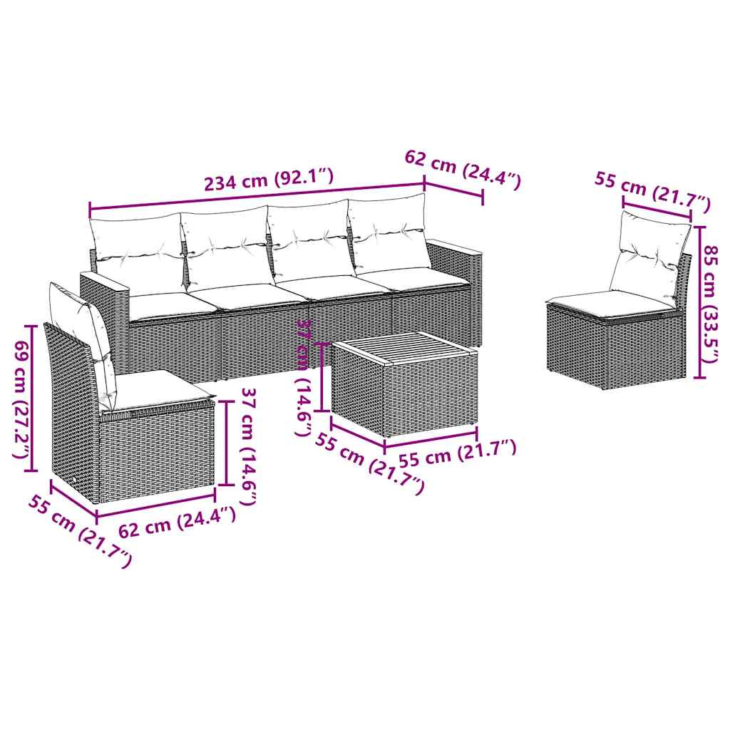Salotto da esterno 7 pz in rattan PE nero con cuscini