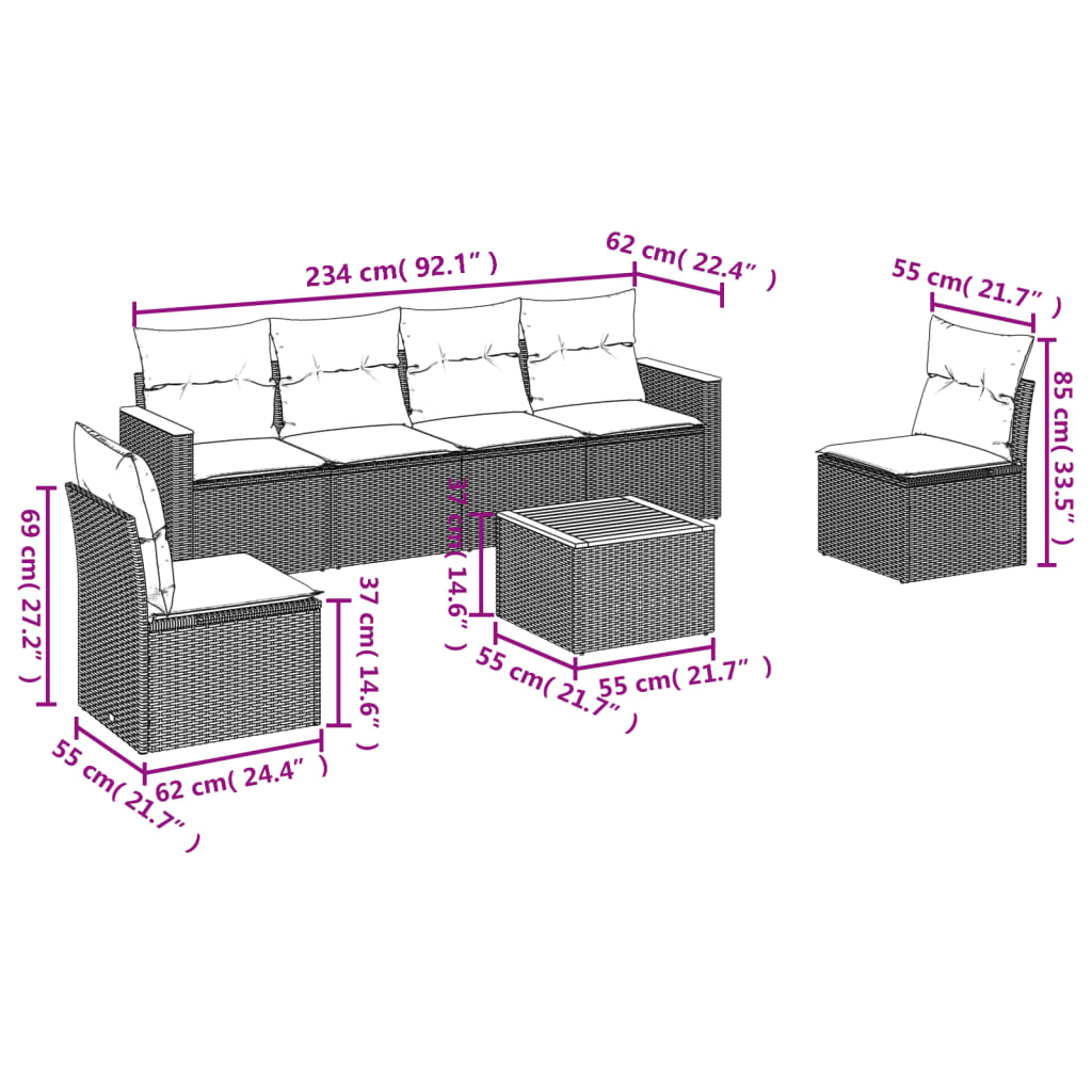 Salotto da giardino 7 pz in polyrattan grigio con cuscini sfoderabili 2