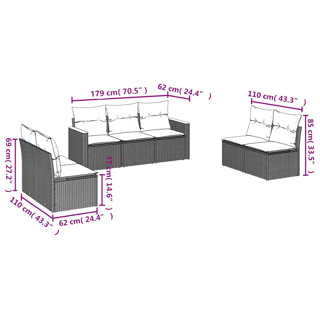 Set Divani da Giardino con Cuscini 7pz Nero Polyrattan