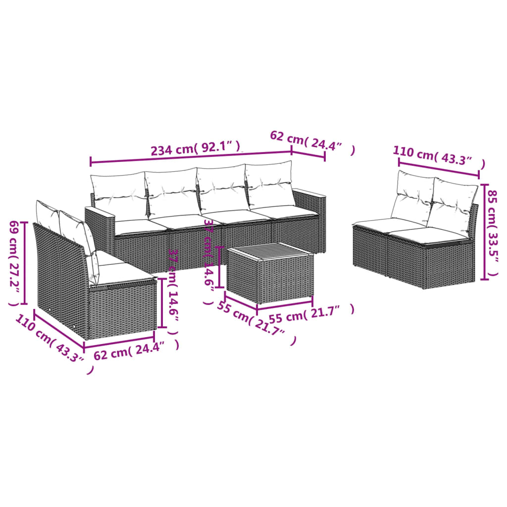 Set Divano da Giardino 9 pz in Rattan PE Grigio