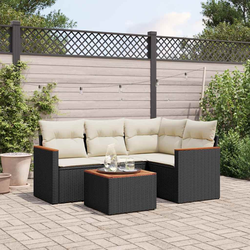 Set divano da esterno 5 pz in rattan PE nero con tavolino