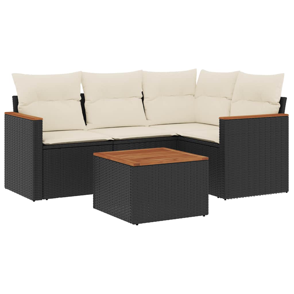 Set divano da esterno 5 pz in rattan PE nero con tavolino