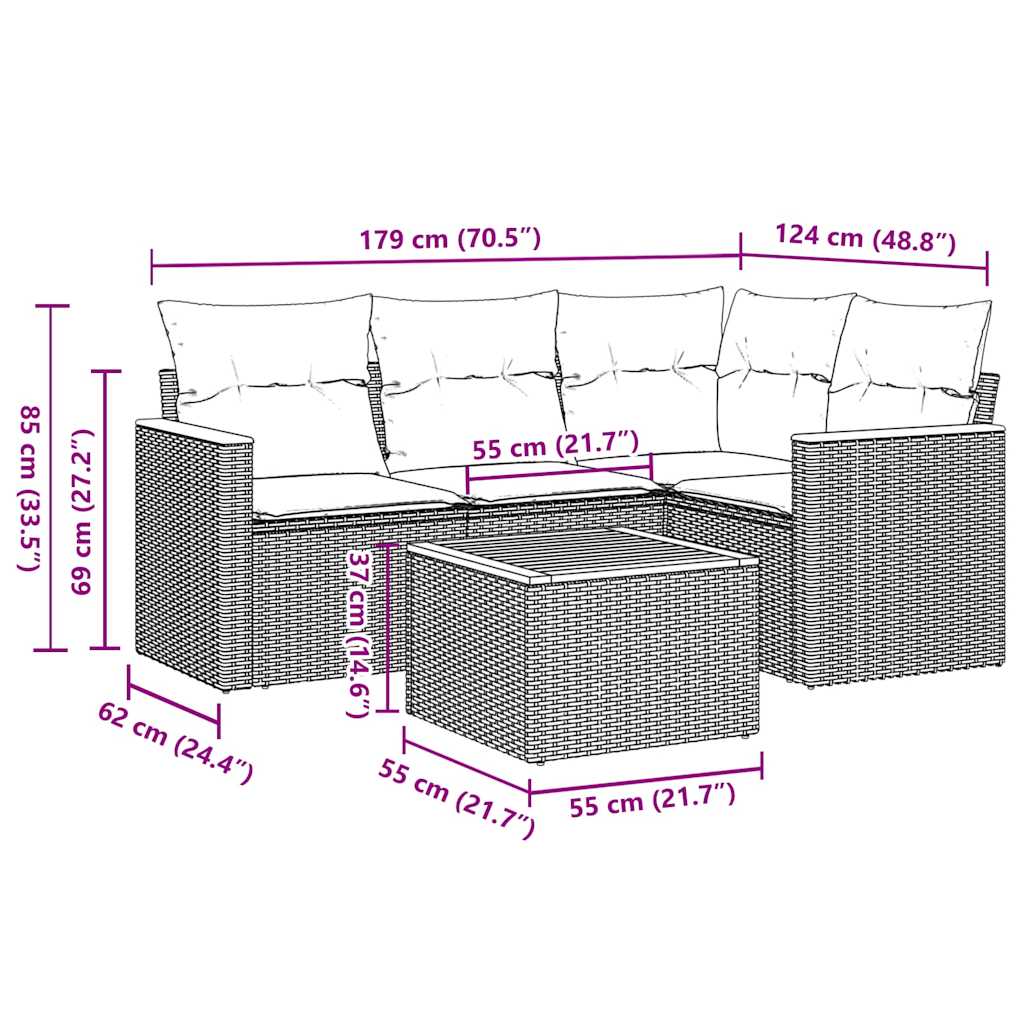 Set divano da esterno 5 pz in rattan PE nero con tavolino