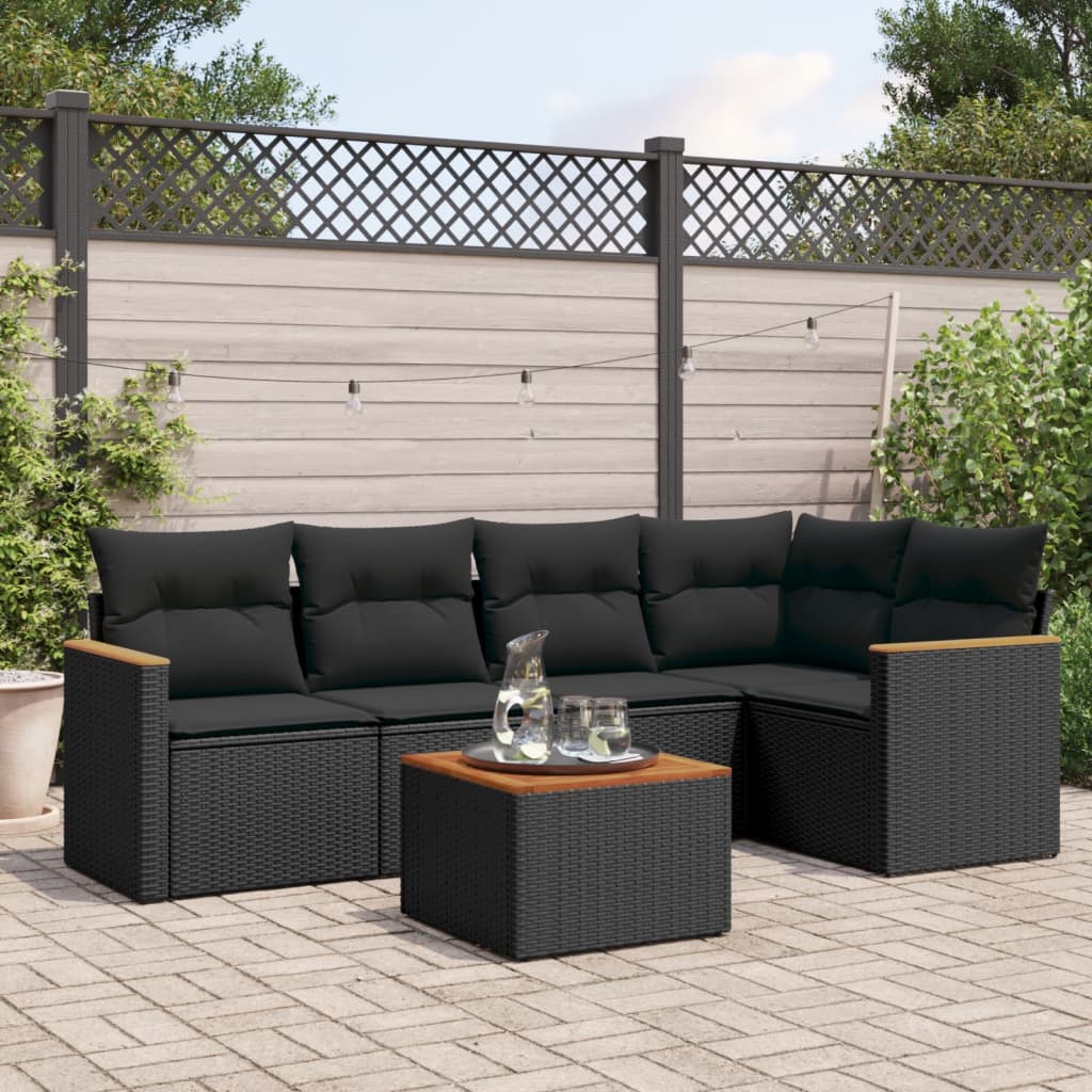 Salotto da giardino nero 6 pz in polyrattan con tavolo acacia