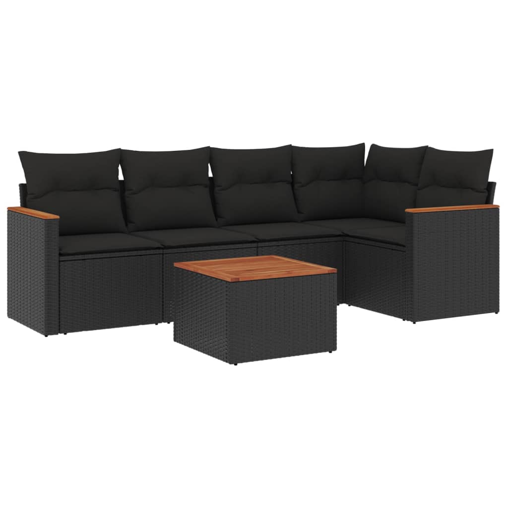 Salotto da giardino nero 6 pz in polyrattan con tavolo acacia