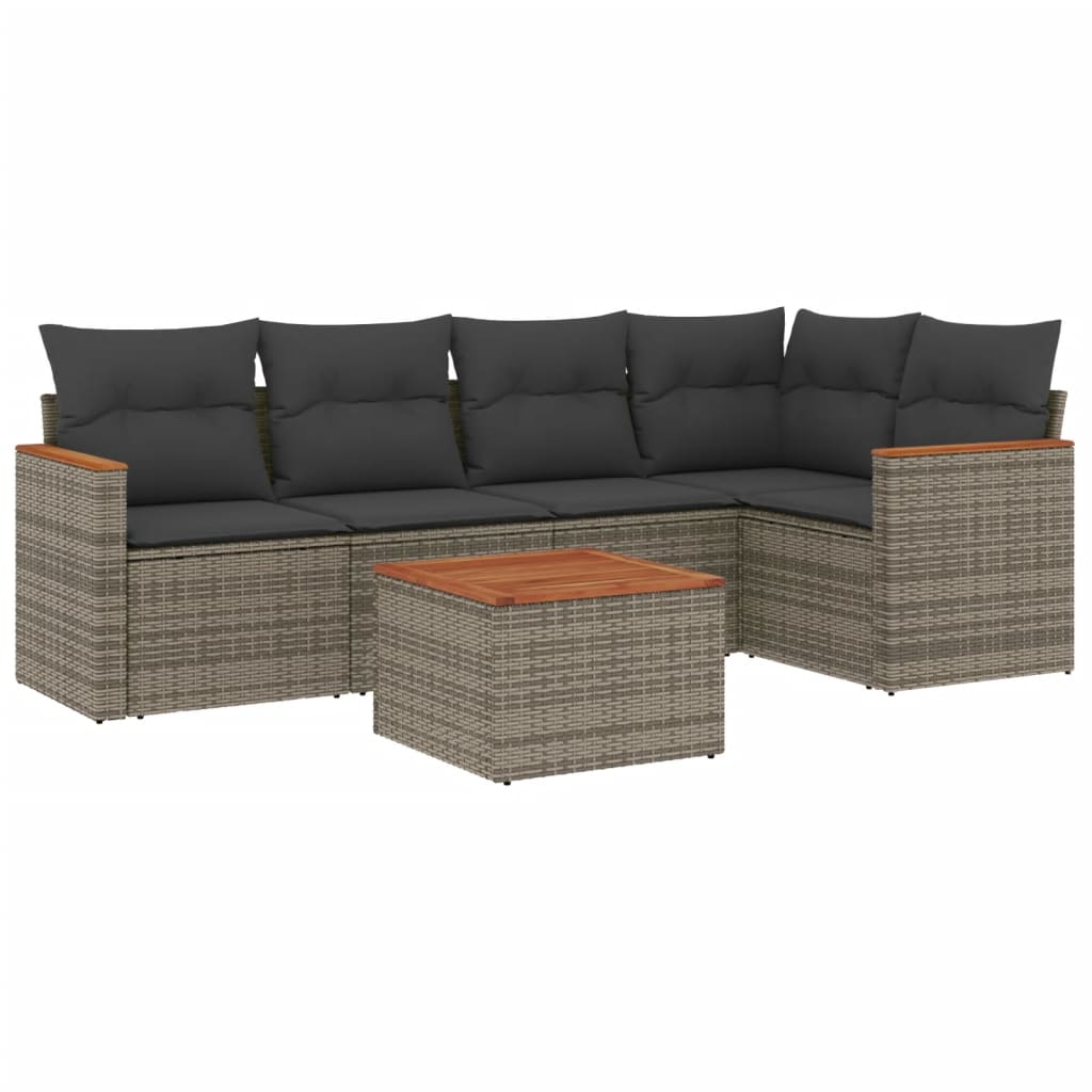 Salotto da esterno grigio in rattan PE, 6 pezzi con cuscini