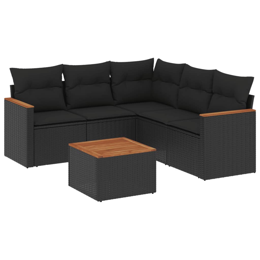 Salotto da giardino 6 pz in polyrattan nero con tavolo in acacia