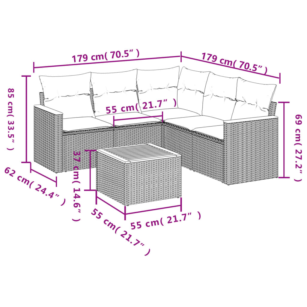 Salotto da Giardino 6 pz in Rattan PE Grigio con Acacia