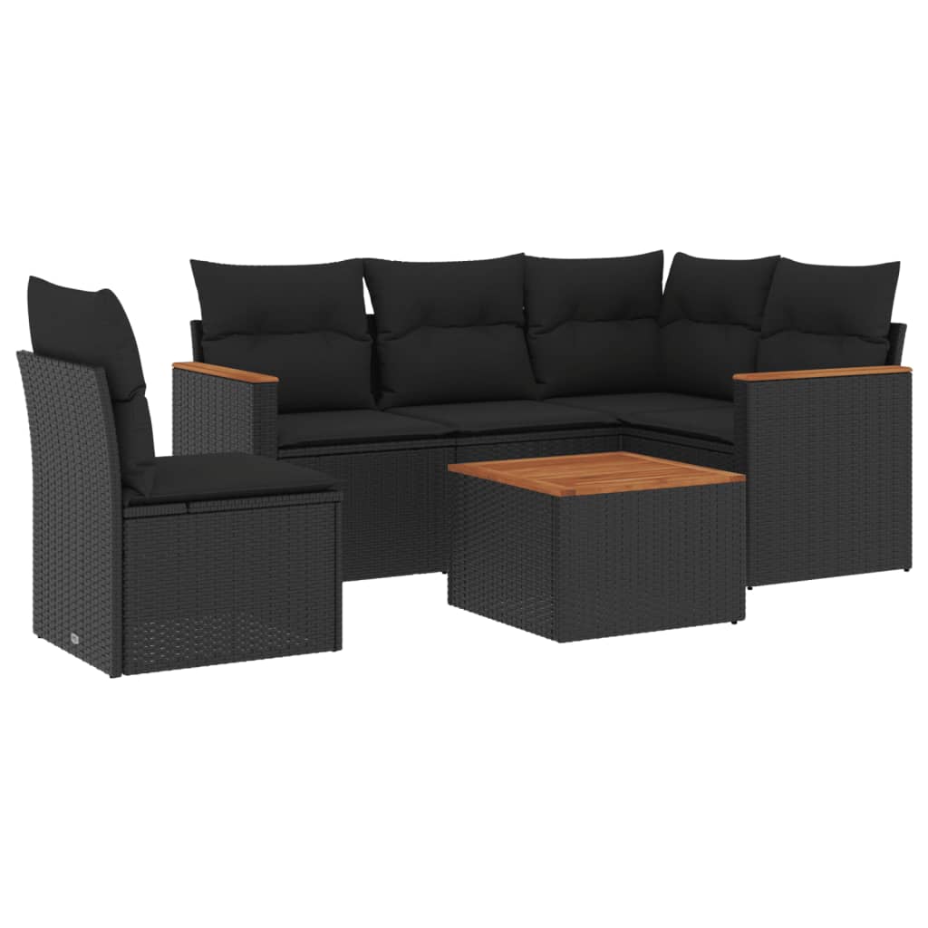 Salotto da Giardino Nero 6 pz in Polyrattan con Tavolino in Acacia