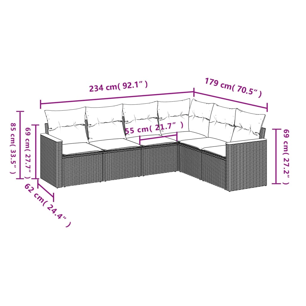 Set Divano da Giardino 6 pz con Cuscini Grigio in Polyrattan