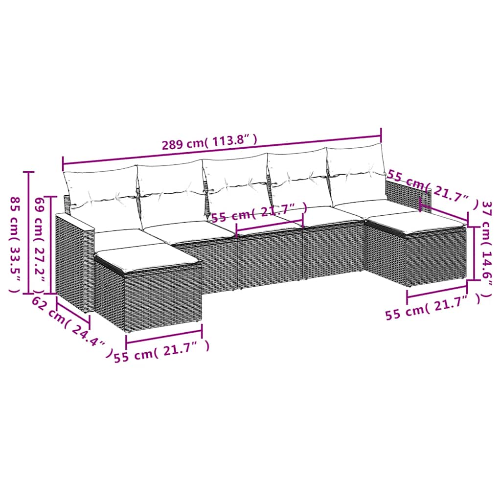 Set Divani da Giardino con Cuscini 7pz Nero Polyrattan