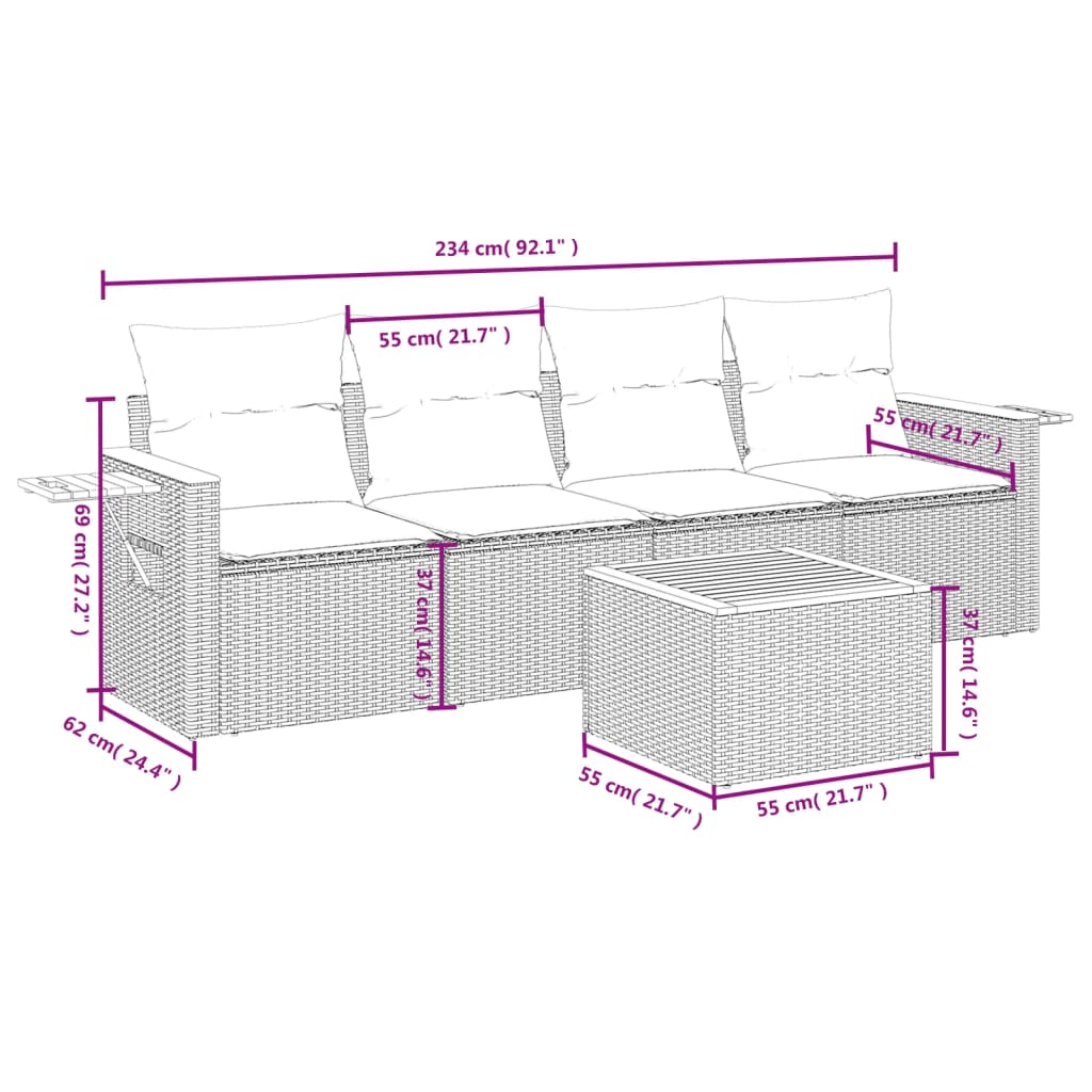 Set Divano da Giardino 5 pz con Cuscini Beige in Polyrattan