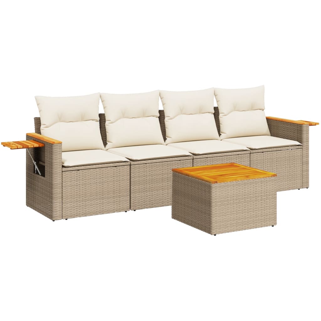 Set Divano da Giardino 5 pz con Cuscini Beige in Polyrattan