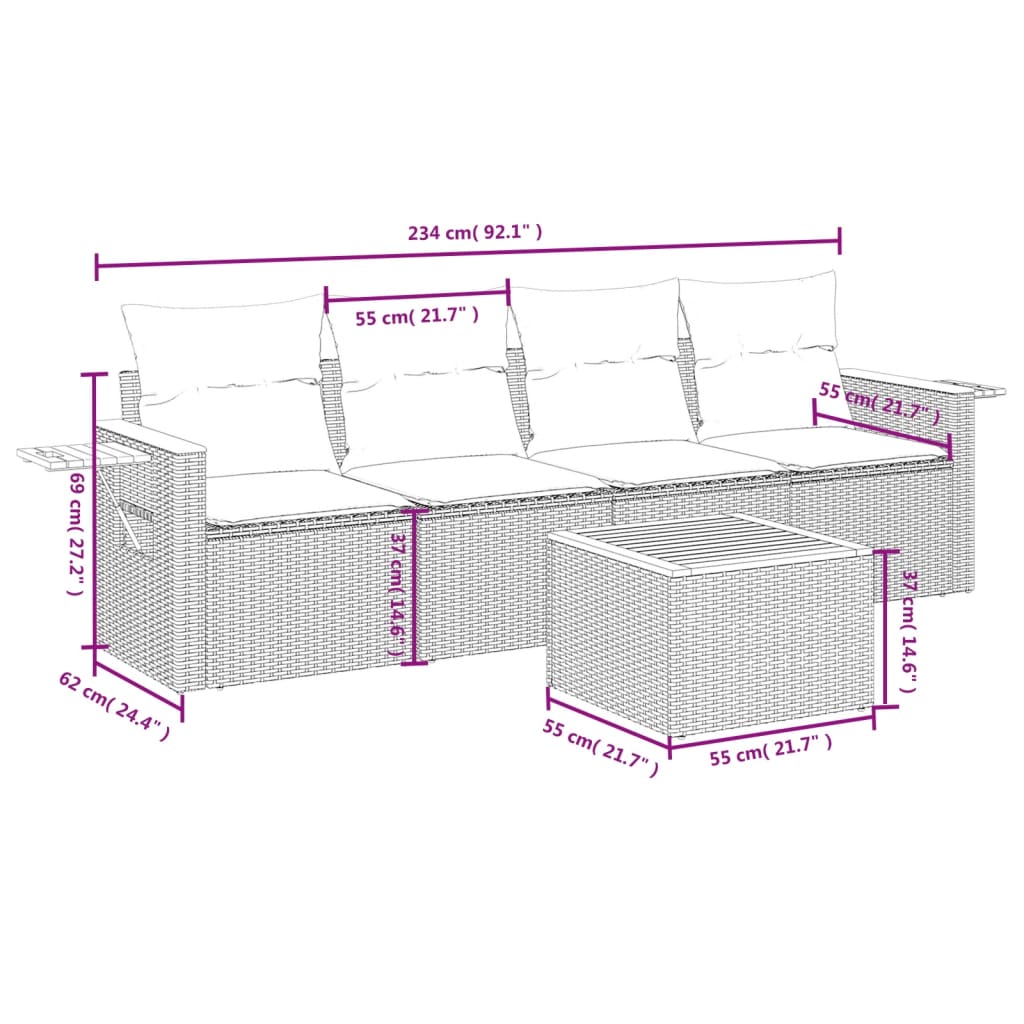 Set Divano da Giardino 5 pz con Cuscini Beige in Polyrattan