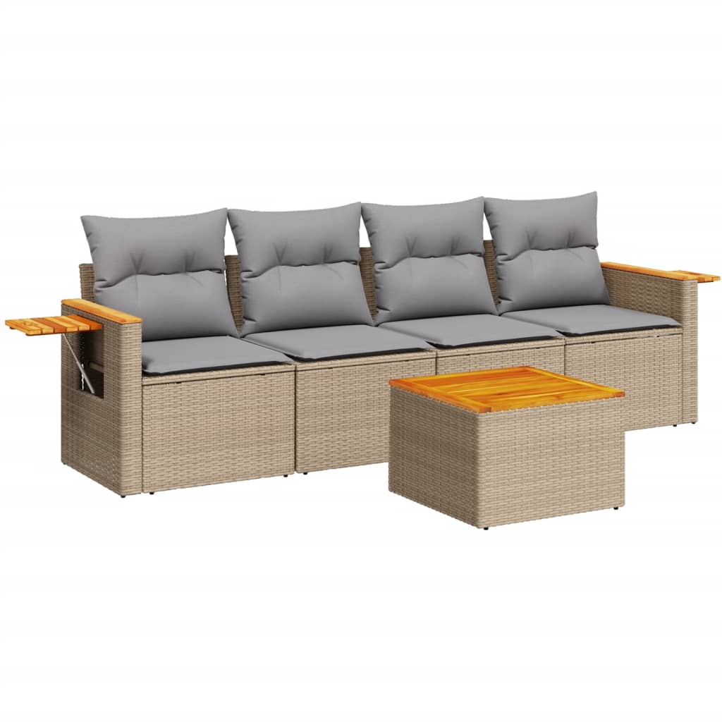 Set Divano da Giardino 5 pz con Cuscini Beige in Polyrattan