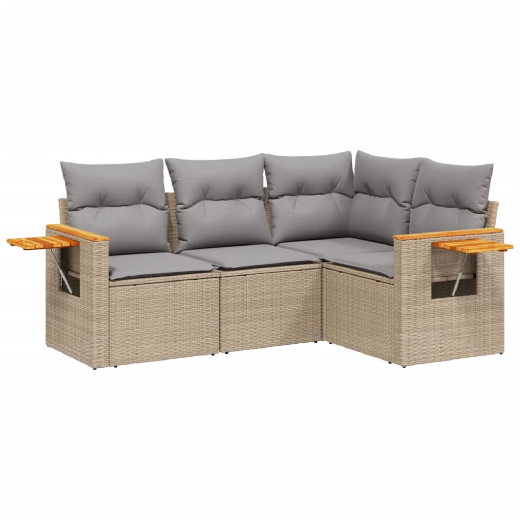 Set Divano da Giardino 4 pz con Cuscini Beige in Polyrattan