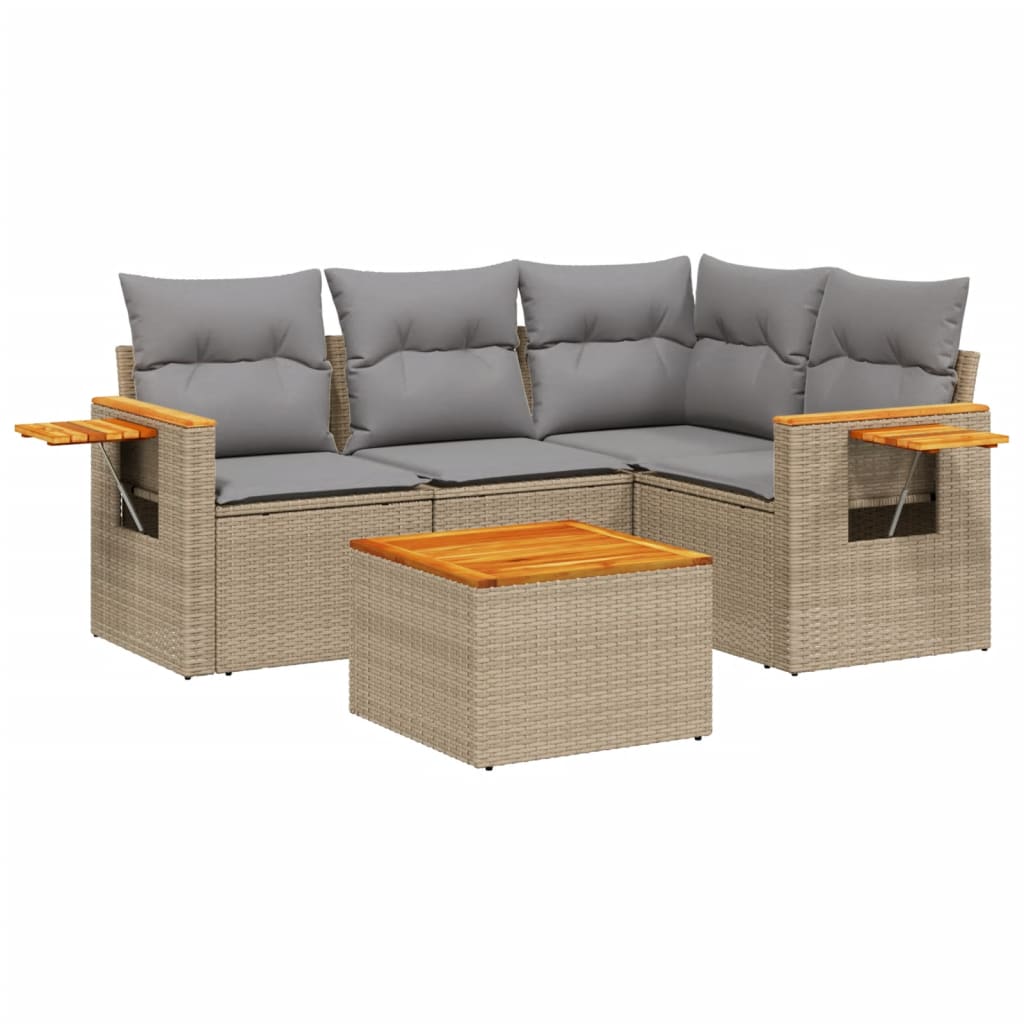 Set Divano da Giardino 5 pz con Cuscini Beige in Polyrattan