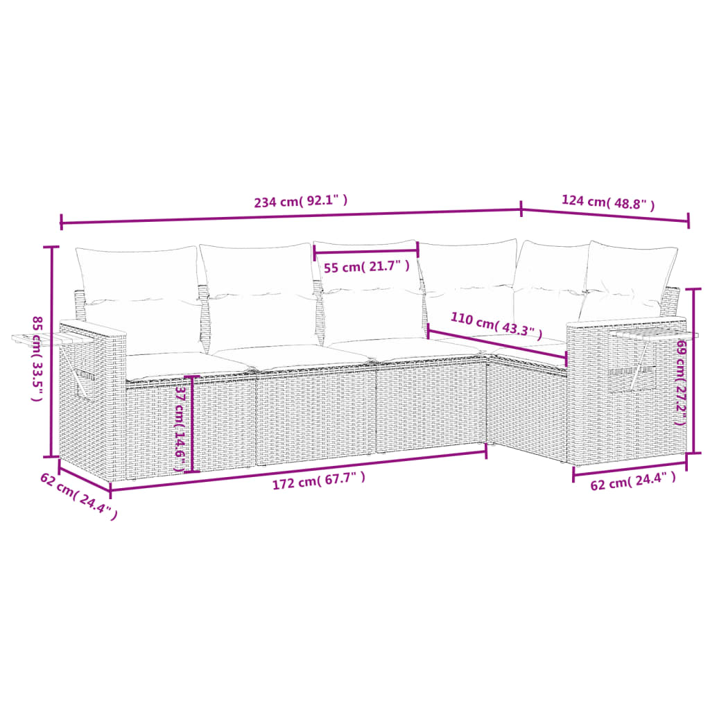 Set Divano da Giardino 5 pz con Cuscini Grigio in Polyrattan