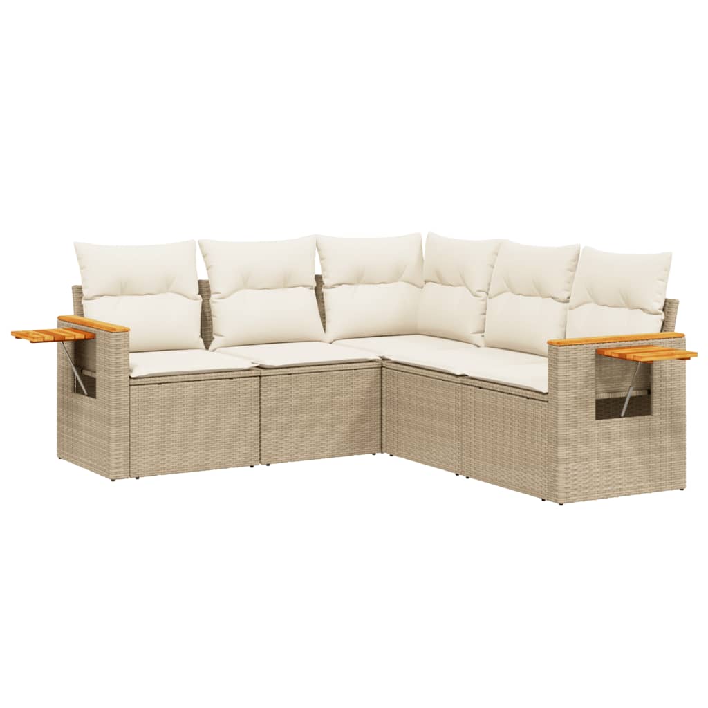 Set Divano da Giardino 5 pz con Cuscini Beige in Polyrattan