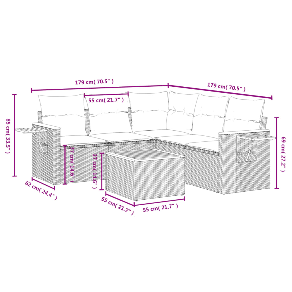 Set Divano da Giardino 6 pz con Cuscini Nero in Polyrattan