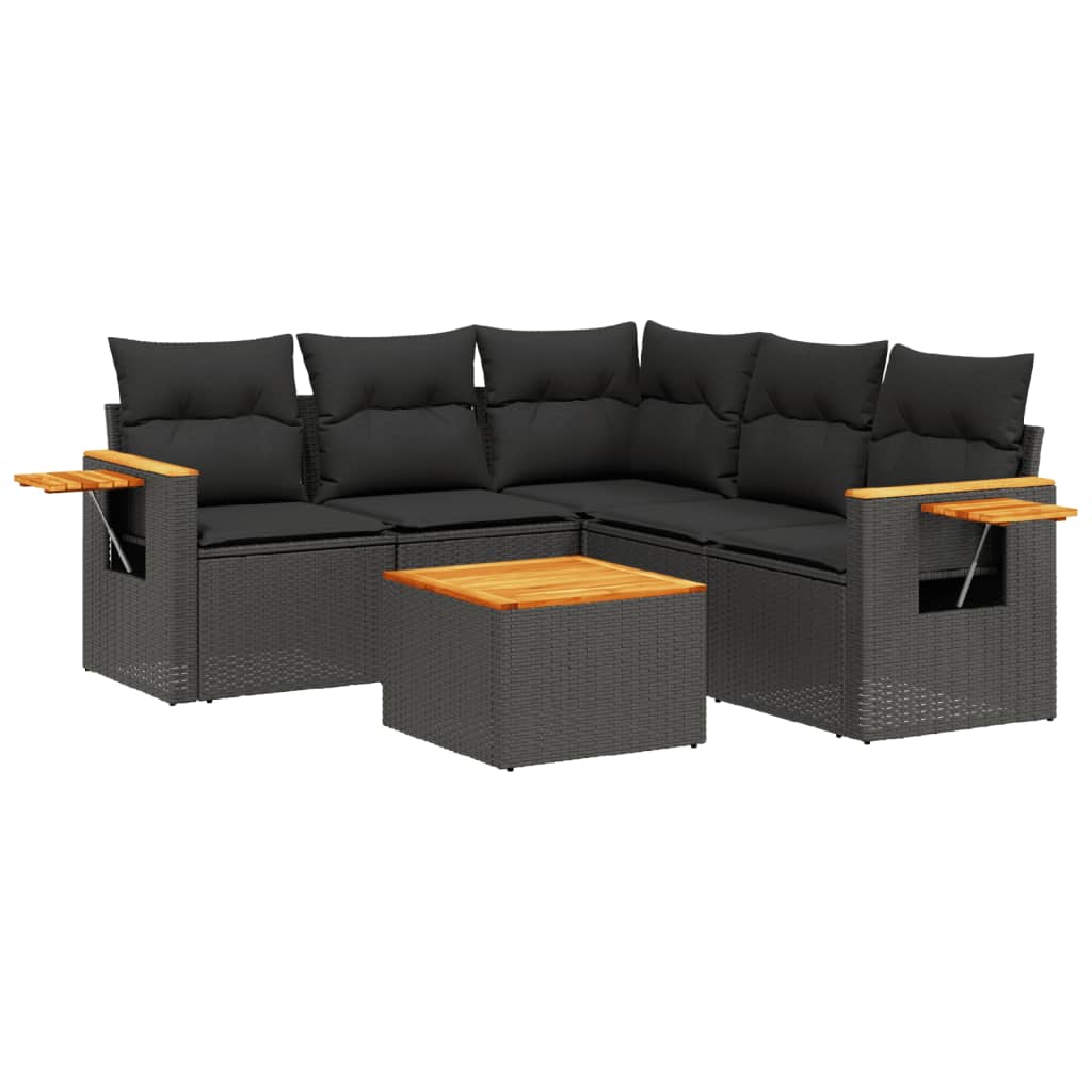 Set Divano da Giardino 6 pz con Cuscini Nero in Polyrattan