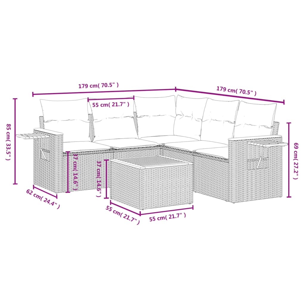 Set Divano da Giardino 6 pz con Cuscini Grigio in Polyrattan