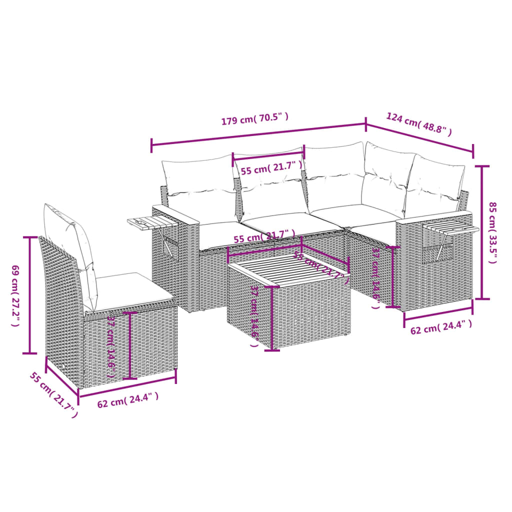 Set Divano da Giardino 6 pz con Cuscini Grigio in Polyrattan