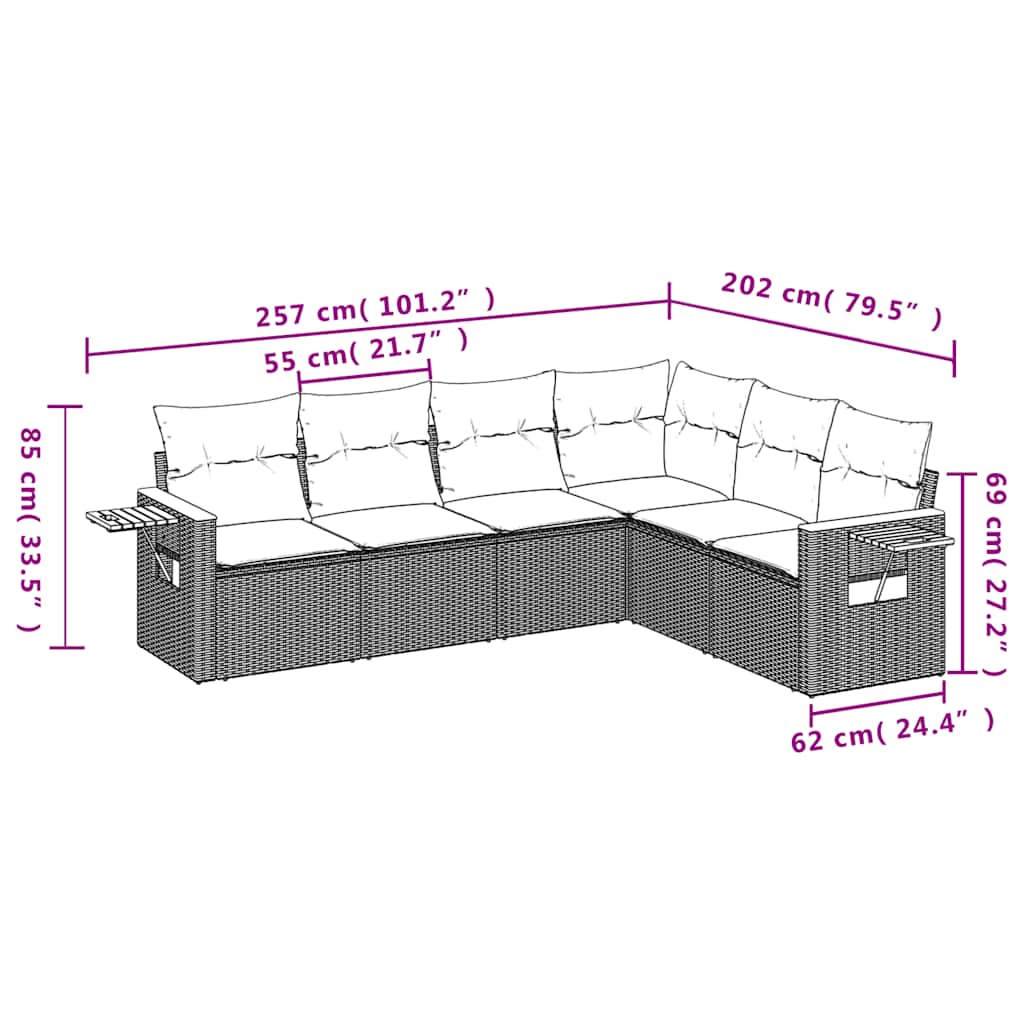 Set Divano da Giardino 6 pz con Cuscini Nero in Polyrattan