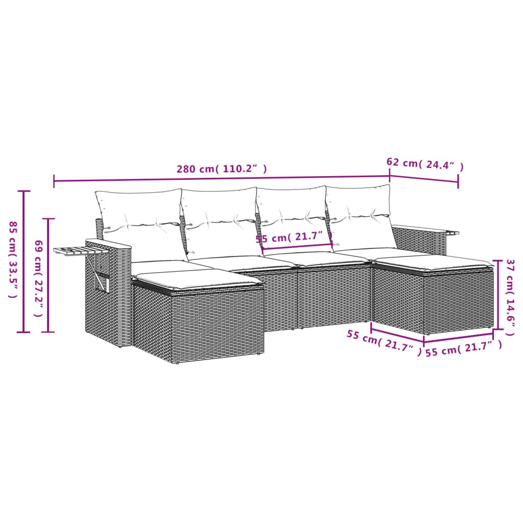 Set Divano da Giardino 6 pz con Cuscini Grigio in Polyrattan