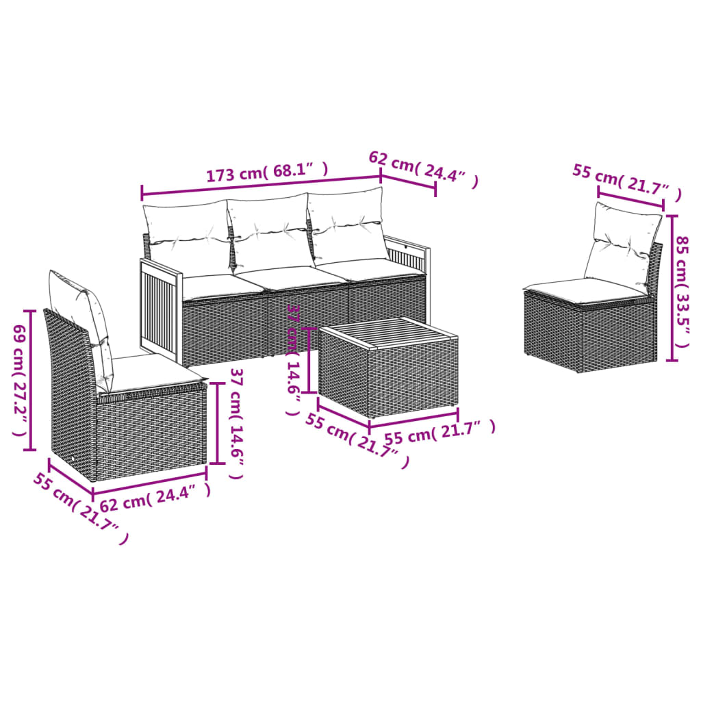 Set Divano da Giardino 6 pz con Cuscini Beige in Polyrattan