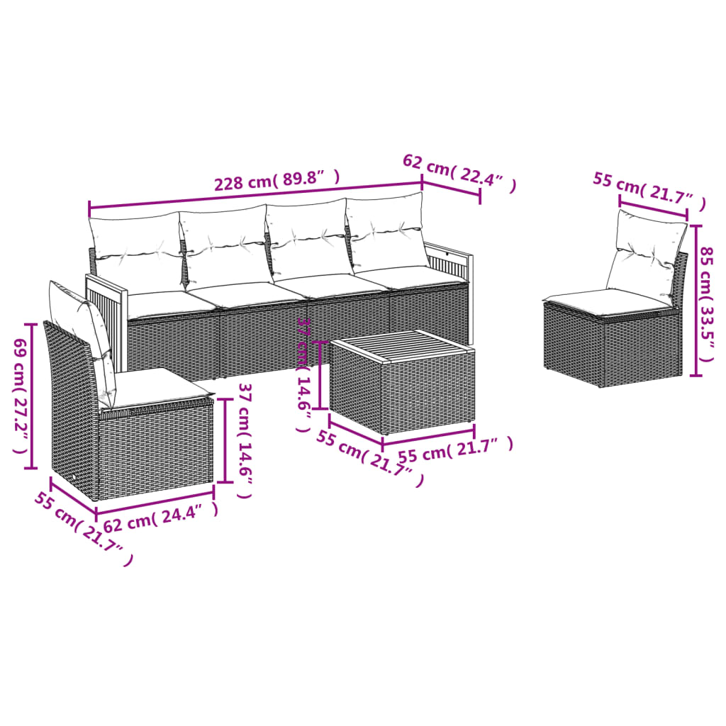 Set Divani da Giardino con Cuscini 7pz Nero Polyrattan
