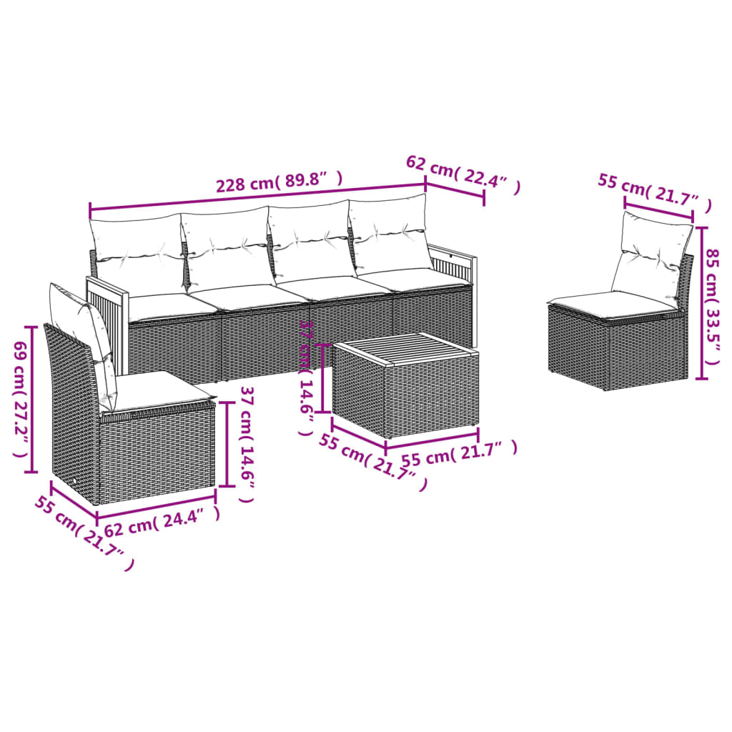 Set Divani da Giardino con Cuscini 7pz Nero Polyrattan