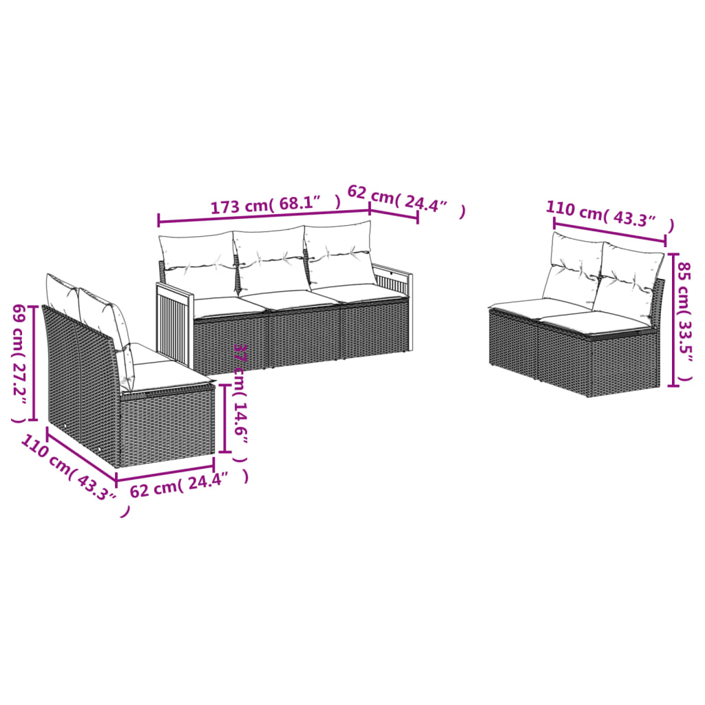 Set Divani da Giardino con Cuscini 7pz Nero Polyrattan