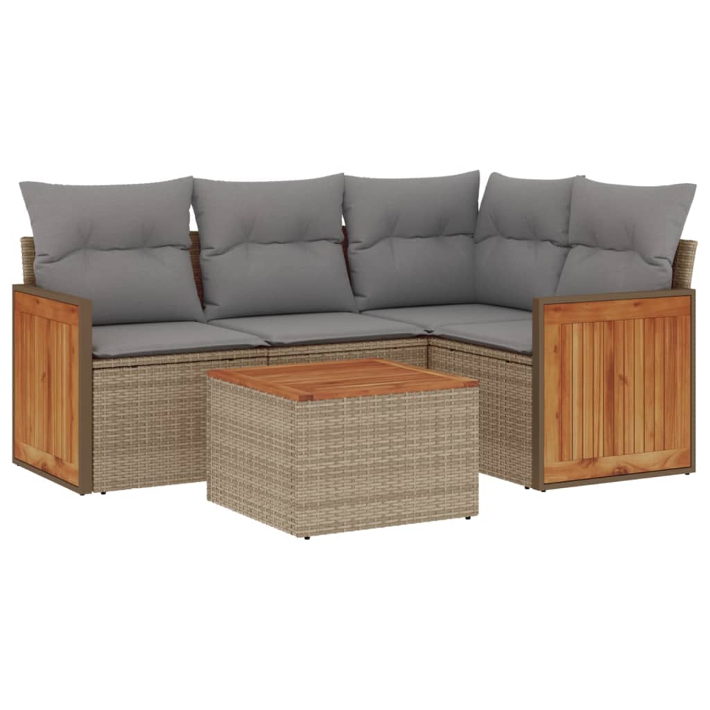 Set Divano da Giardino 5 pz con Cuscini Beige in Polyrattan