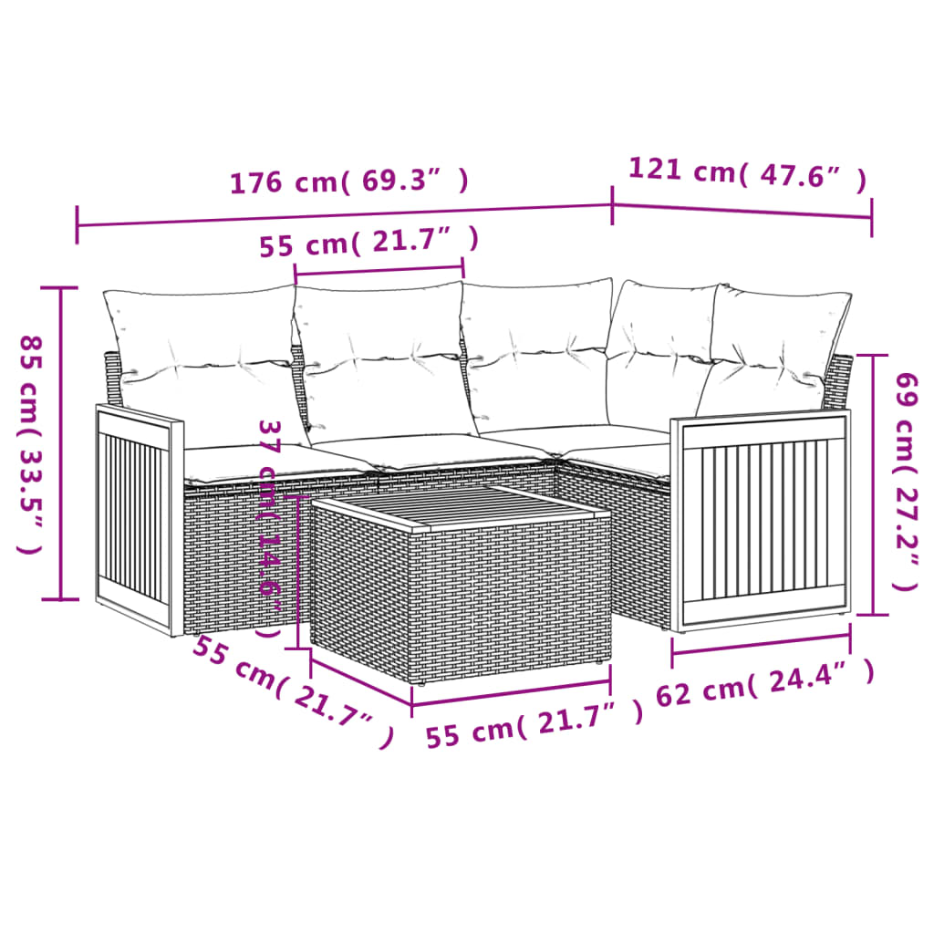 Set Divano da Giardino 5 pz con Cuscini Beige in Polyrattan