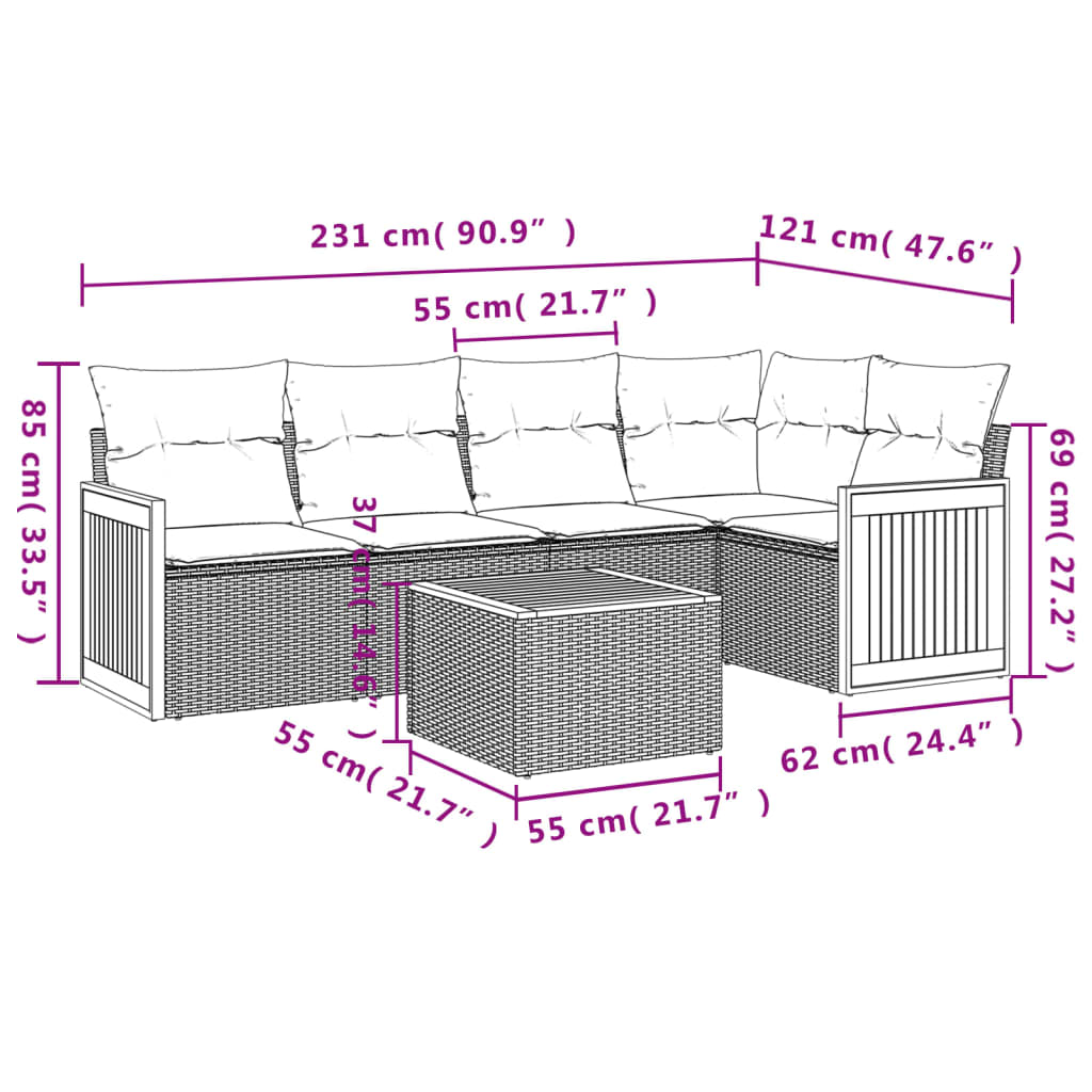 Set Divano da Giardino 6 pz con Cuscini Grigio in Polyrattan