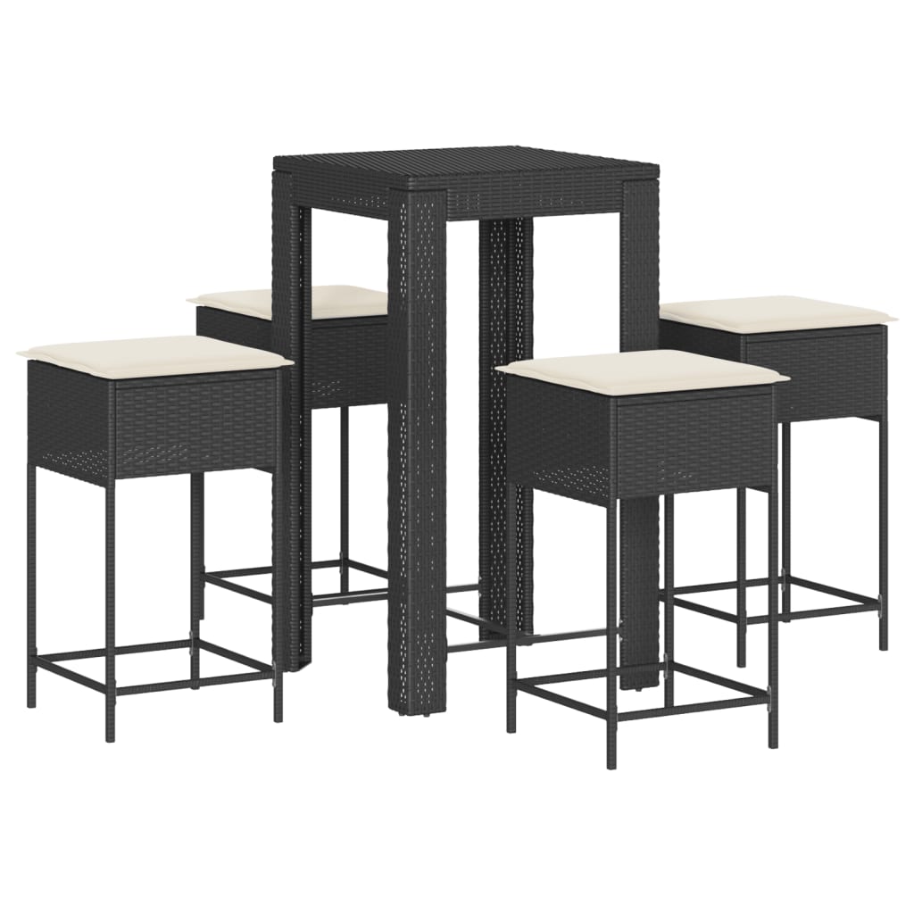 Set Bar da Giardino 5 pz con Cuscini in Polyrattan Nero